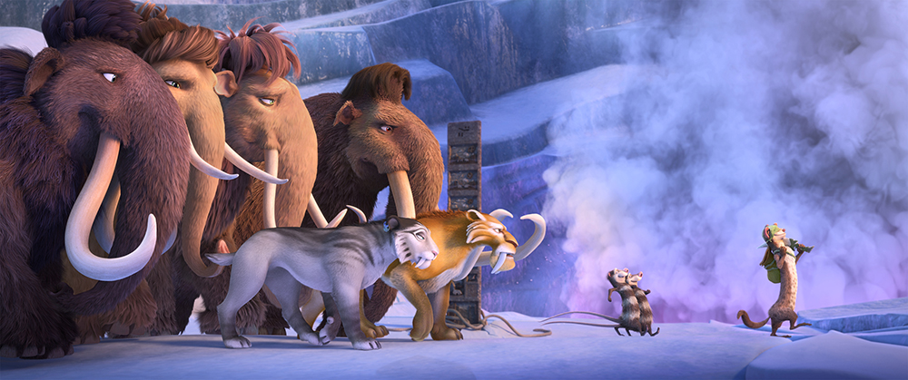 pub_120_670_184_4K_UniversalColor_WB – The herd sets off on a quest to save themselves from a Scrat-tastrope. (from left): Julian (voiced by Adam Devine), Peaches (voiced by Keke Palmer), Ellie (voiced by Queen Latifah), Manny (voiced by Ray Romano), Shira (voiced by Jennifer Lopez), Diego (voiced by Denis Leary), Crash and Eddie (voiced by Seann William Scott, Josh Peck), Buck (voiced by Simon Pegg). Photo credit: Blue Sky Studios