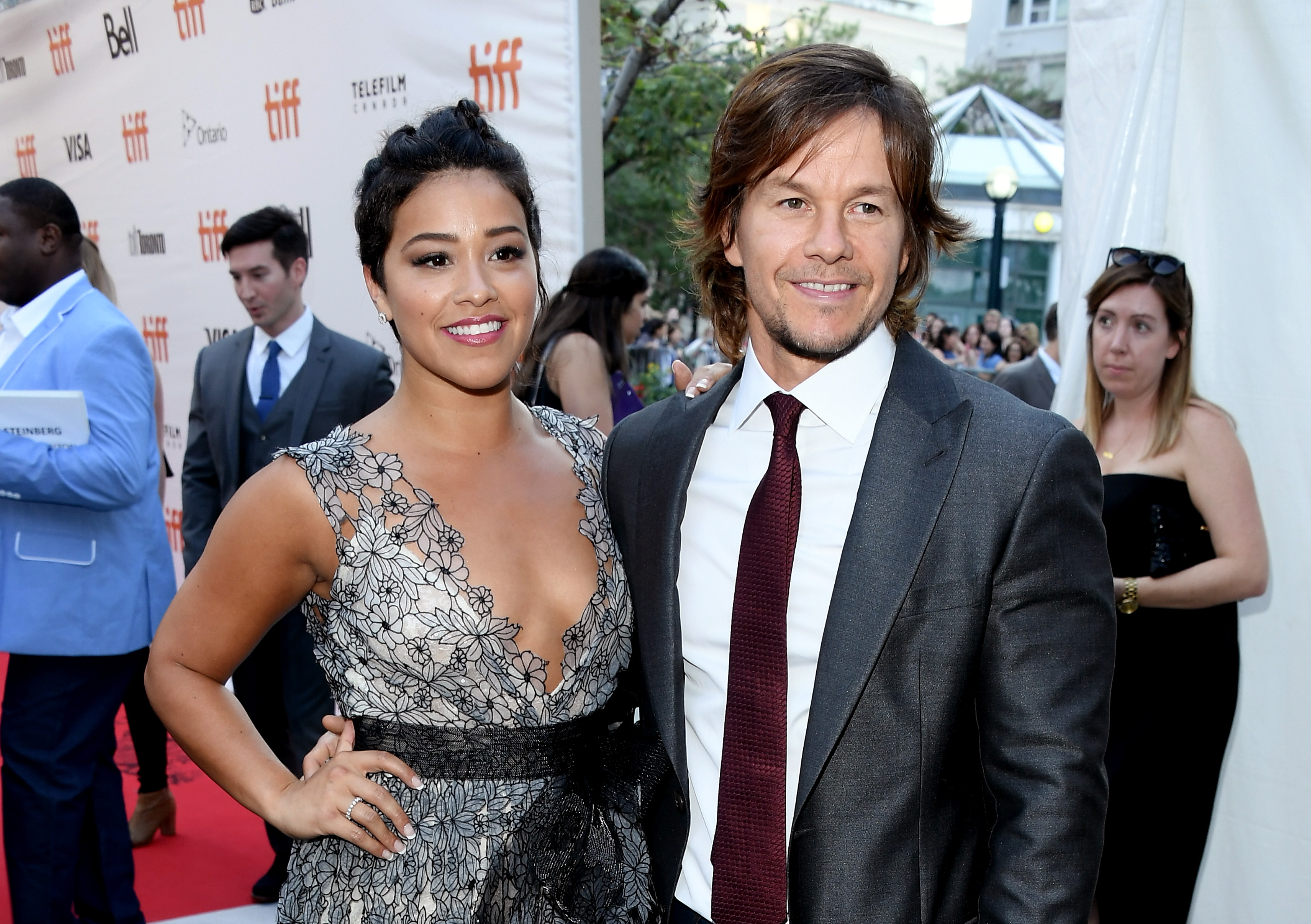 TORONTO, ON - SEPTEMBER 13:  Actors Gina Rodriguez (L) and Mark Wahlberg attend the "Deepwater Horizon" premiere during the 2016 Toronto International Film Festival at Roy Thomson Hall on September 13, 2016 in Toronto, Canada.  (Photo by George Pimentel/WireImage)