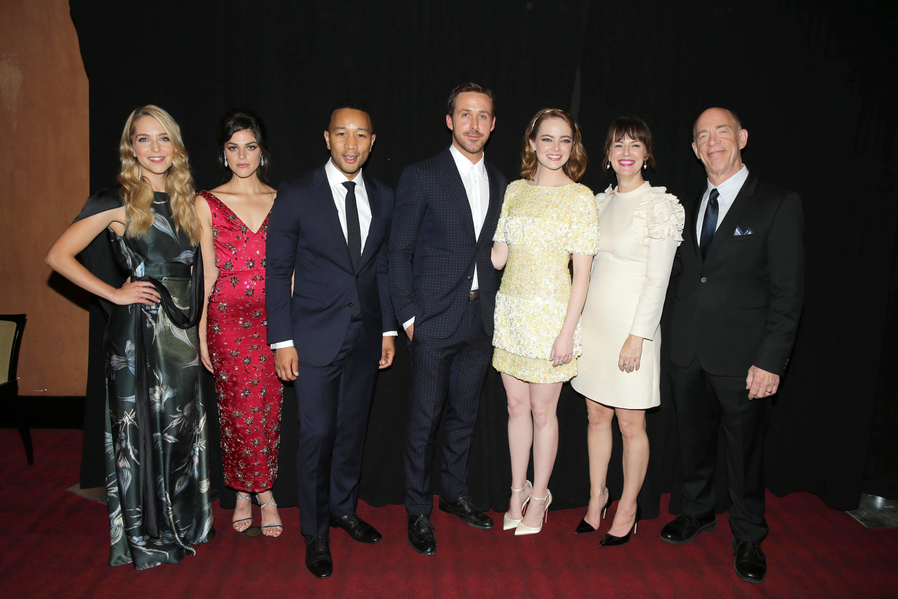 Jessica Rothe, Callie Hernandez, John Legend, Ryan Gosling, Emma Stone, Rosemarie DeWitt and J.K. Simmons seen at Summit Entertainment's "La La Land" premiere at the 2016 Toronto International Film Festival on Monday, Sept. 12, 2016, in Toronto. (Photo by Eric Charbonneau/Invision for LionsgateAP Images)
