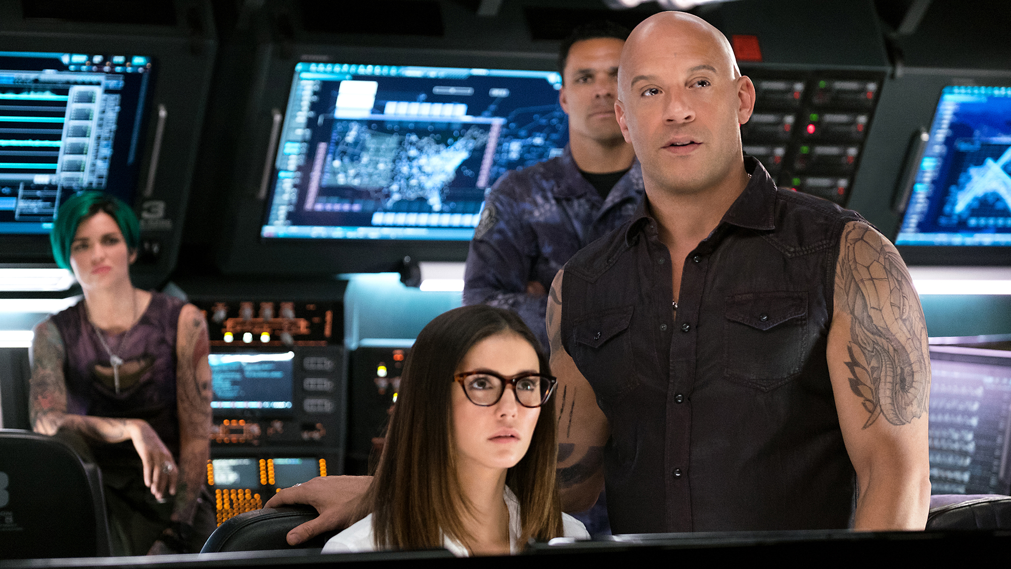(L-R) Ruby Rose as Adele Yusef, Nina Dobrev as Rebecca Clearidge, Tony Gonzalez as Paul Donovan, and Vin Diesel as Xander Cage in xXx: RETURN OF XANDER CAGE by Paramount Pictures and Revolution Studios