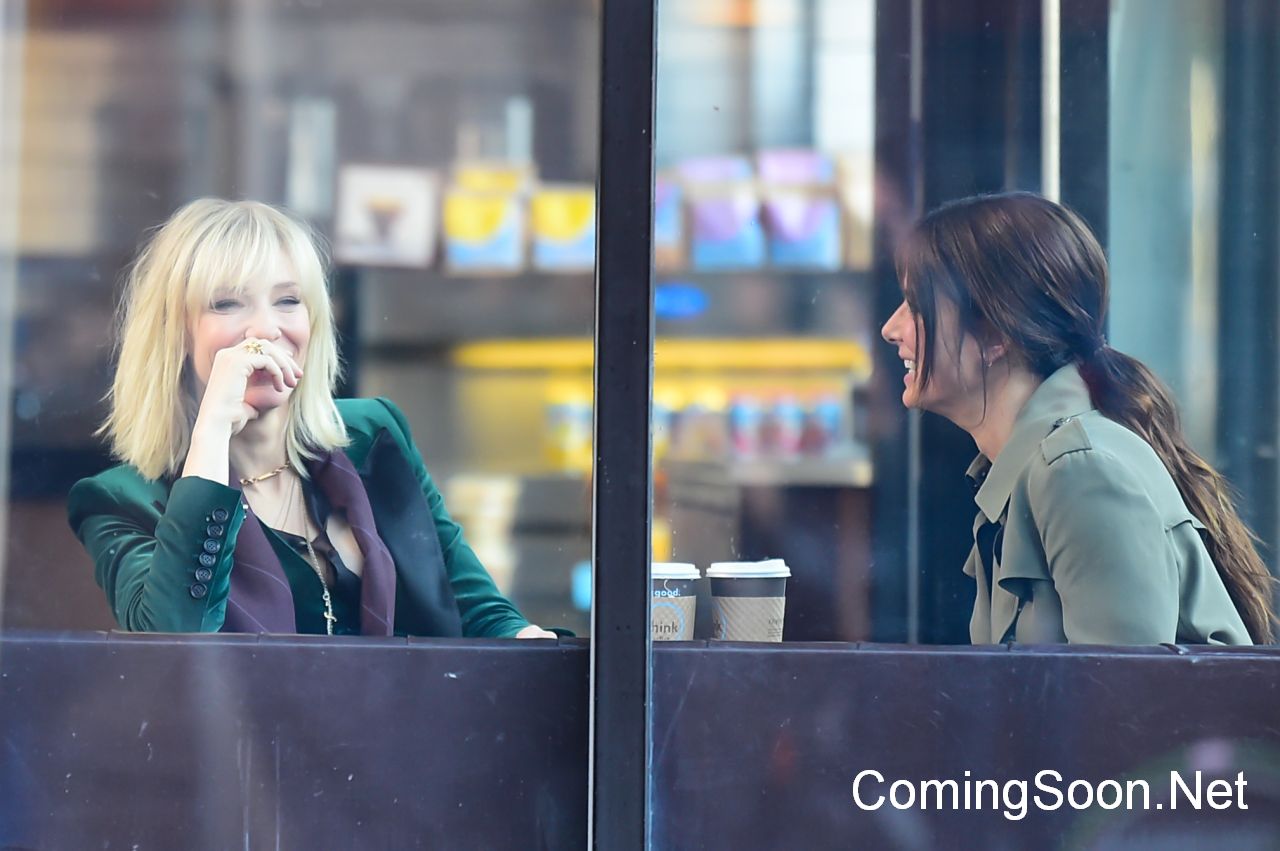 NEW YORK, NY - OCTOBER 24:  Actresses Cate Blanchett and Sandra Bullock are seen on the set of "Ocean's Eight" on October 24, 2016 in New York City.  (Photo by Raymond Hall/GC Images)