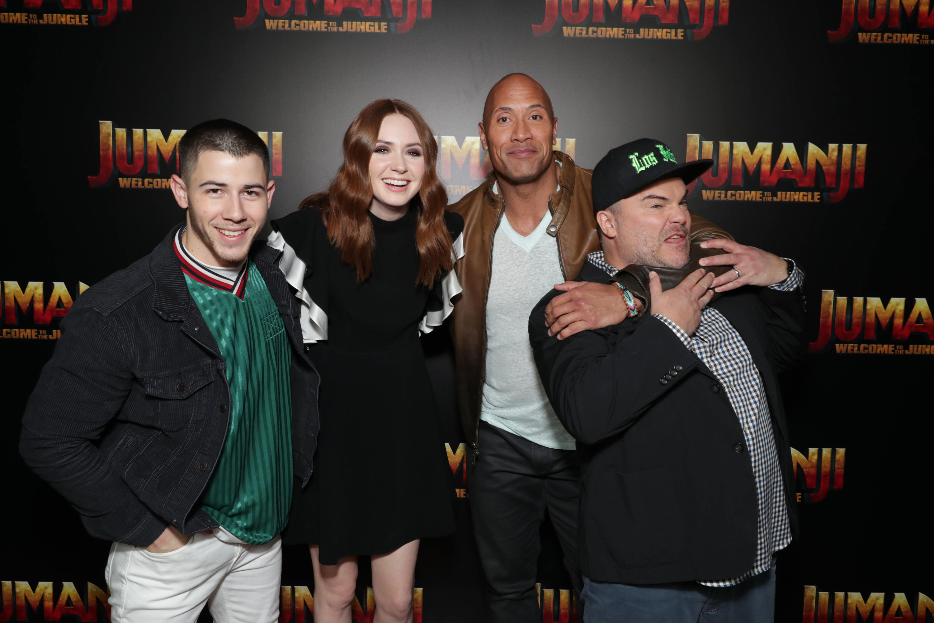 Nick Jonas, Karen Gillan, Dwayne Johnson and Jack Black seen at Columbia Pictures 'Jumanji: Welcome to the Jungle' photo call at 2017 CinemaCon on Monday, March 27, 2017, in Las Vegas.
