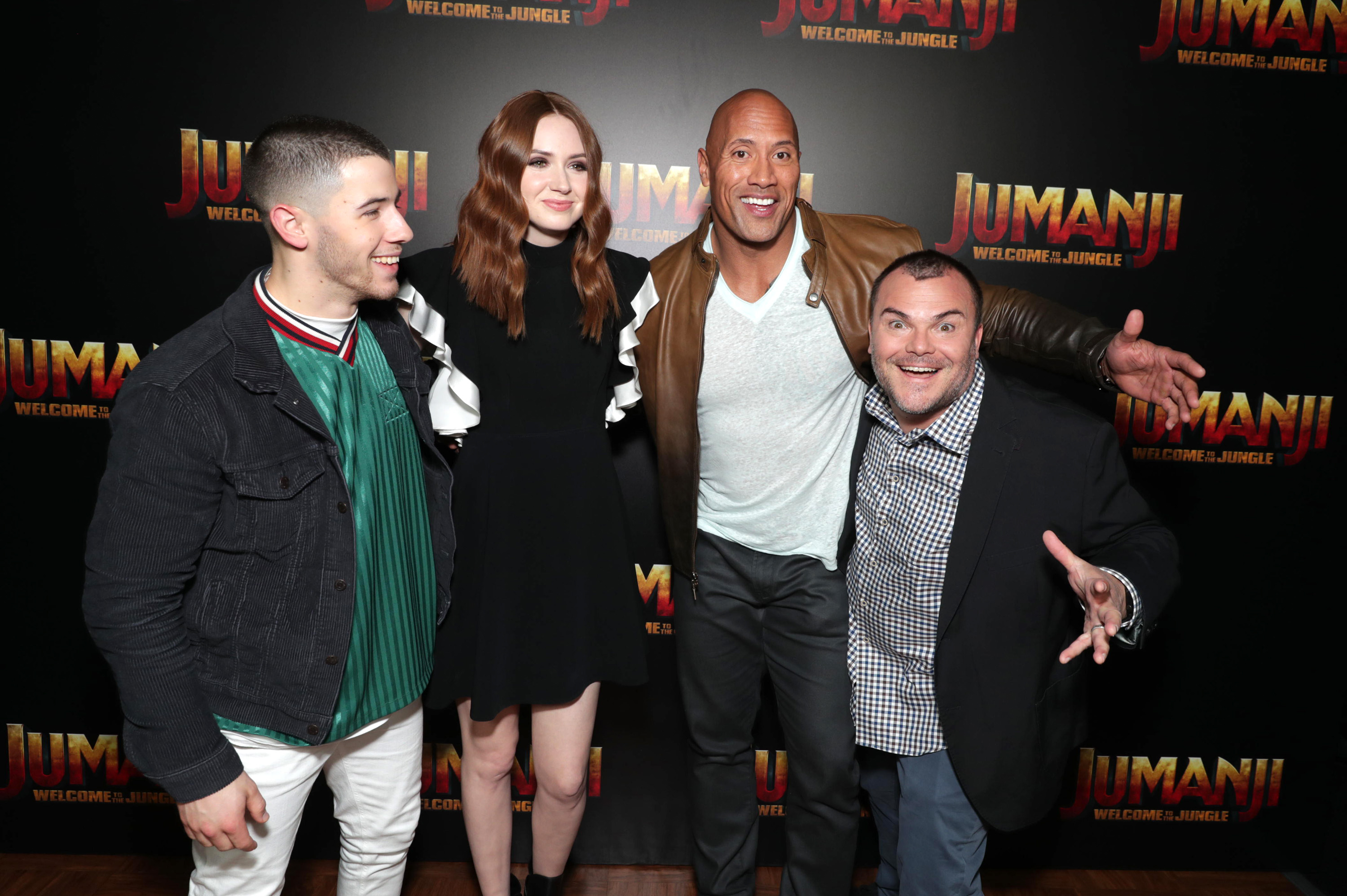 Nick Jonas, Karen Gillan, Dwayne Johnson and Jack Black seen at Columbia Pictures 'Jumanji: Welcome to the Jungle' photo call at 2017 CinemaCon on Monday, March 27, 2017, in Las Vegas.