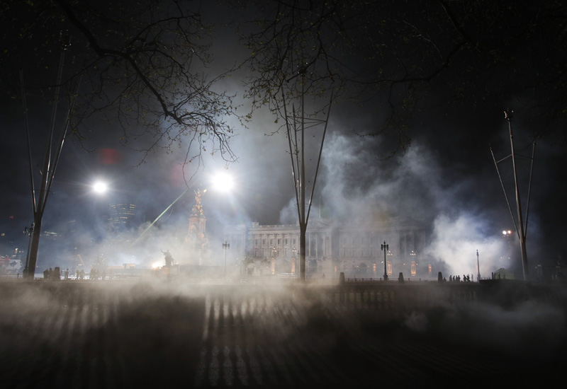 Buckingham Palace in London is shrouded in 'smog', produced by smoke machines during filming of the movie sequel Mary Poppins Returns. (Photo by Yui Mok/PA Images via Getty Images)