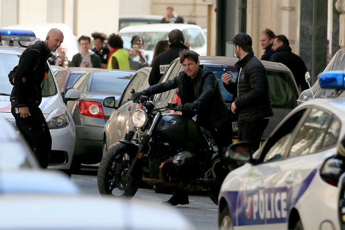PARIS, FRANCE - APRIL 11:  Actor Tom Cruise is pictured filming on a Motorbike on set for 'Mission:Impossible 6 Gemini' filming  on April 11, 2017 in Paris, France.  (Photo by Pierre Suu/GC Images)